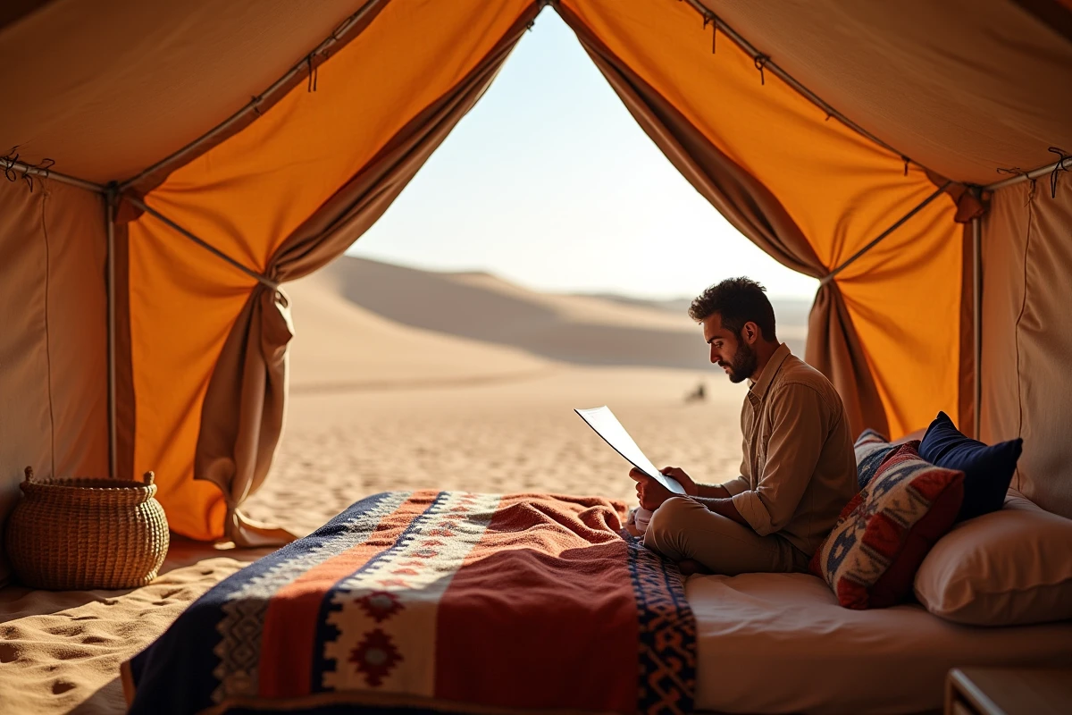 Homme consultant une carte de voyage à l'intérieur d'une tente de glamping de luxe décorée de textiles berbères face aux dunes du Sahara