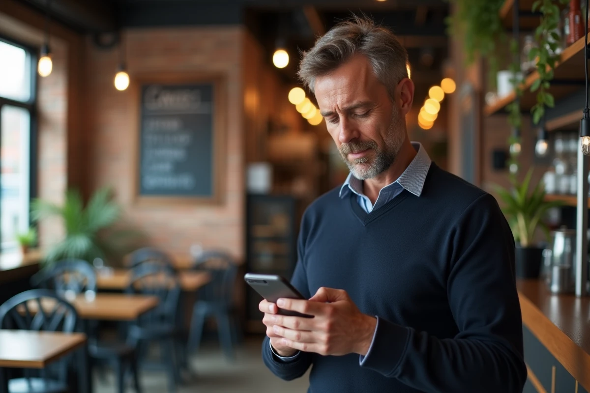 Homme consultant son application de banque en ligne sur smartphone dans un café urbain