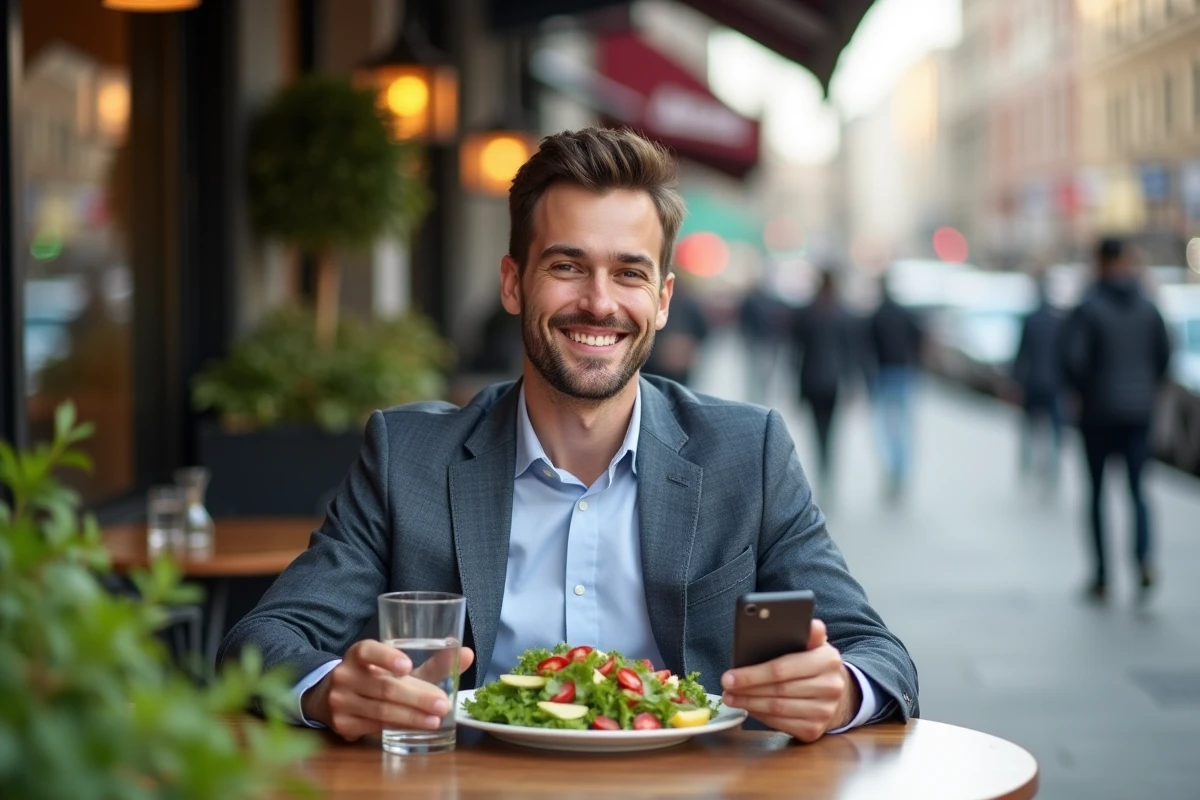 Jeune homme souriant au café dans la rue