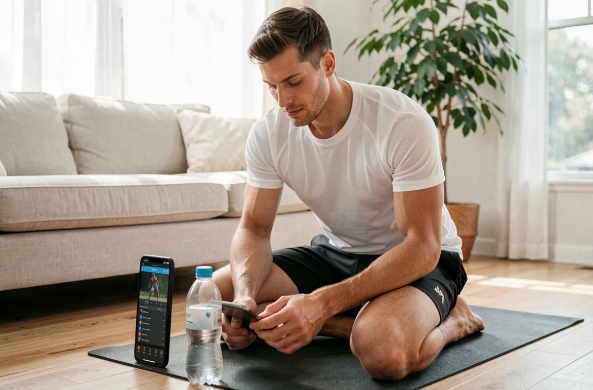 Homme consultant un programme d'entraînement HIIT sur smartphone avant de commencer sa séance à domicile
