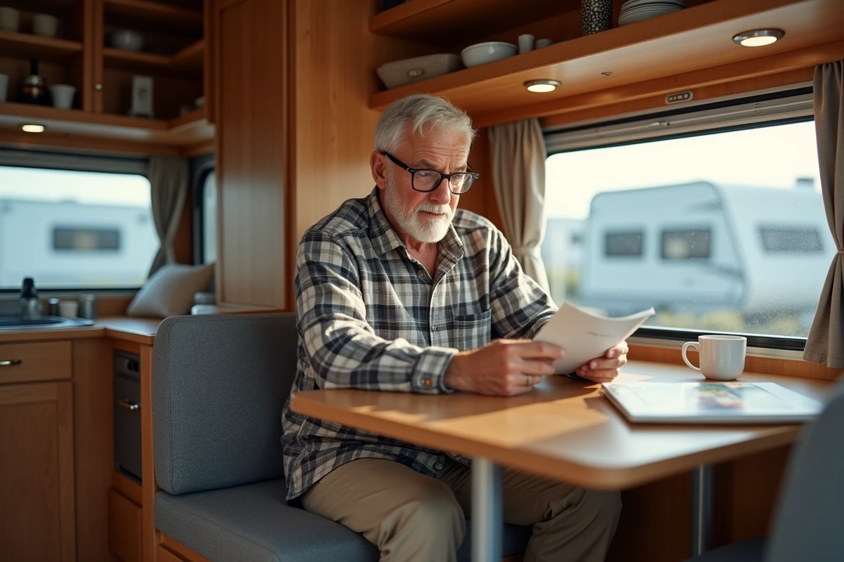 Homme âgé lisant brochure dans intérieur de van