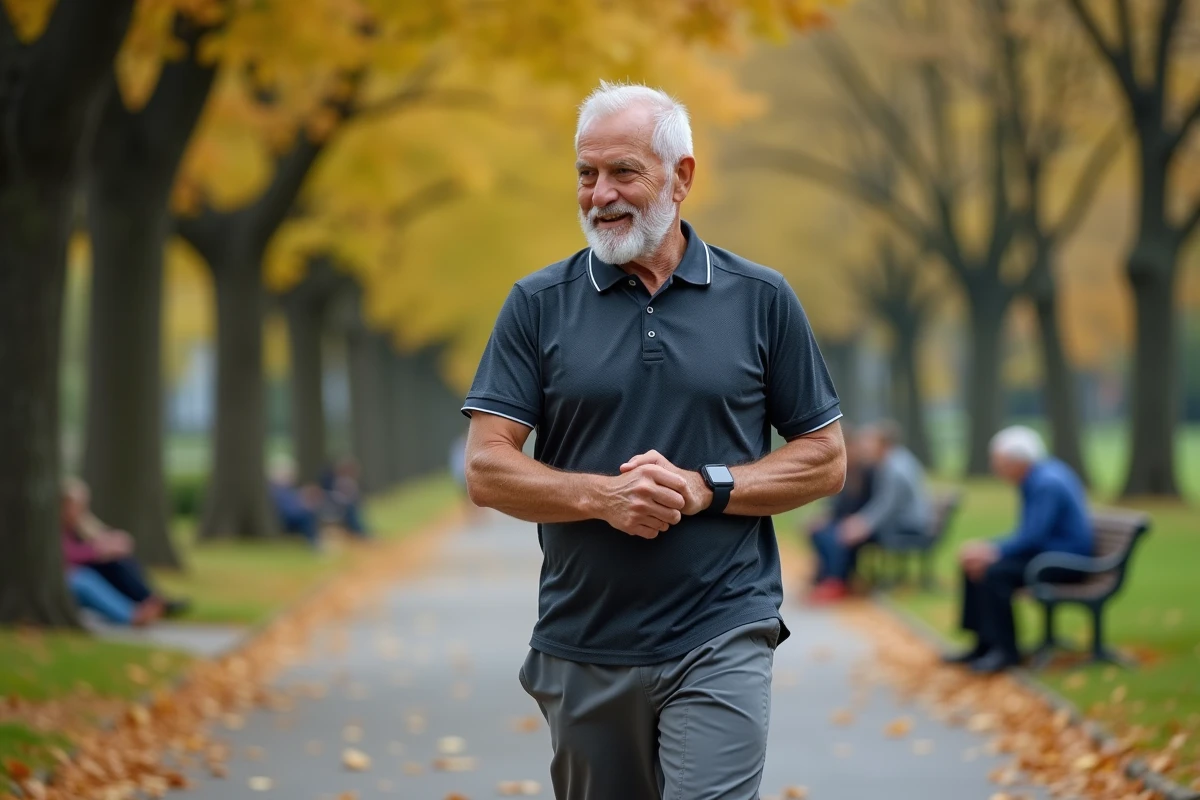 Homme retraité actif qui marche dans un parc urbain, activité physique quotidienne pour bien vieillir