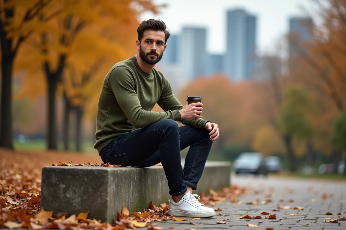 Homme stylé en tenue casual chic automne assis dans un parc urbain avec feuillage coloré