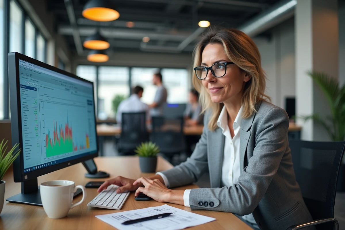 Une professionnelle utilisant l'interface Kraken et un logiciel fiscal pour déclarer ses plus-values en cryptomonnaies dans un espace de coworking