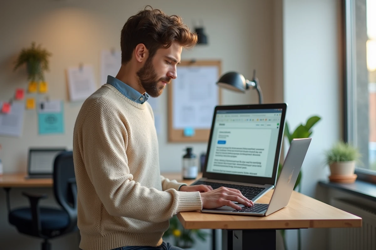 Jeune entrepreneur recevant une confirmation d'approbation de subvention sur son ordinateur dans un bureau de startup