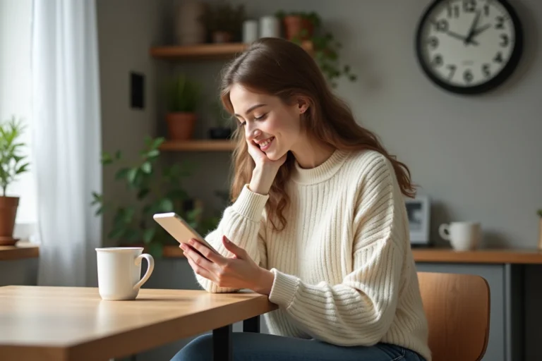 Jeune femme souriante avec smartphone dans la cuisine