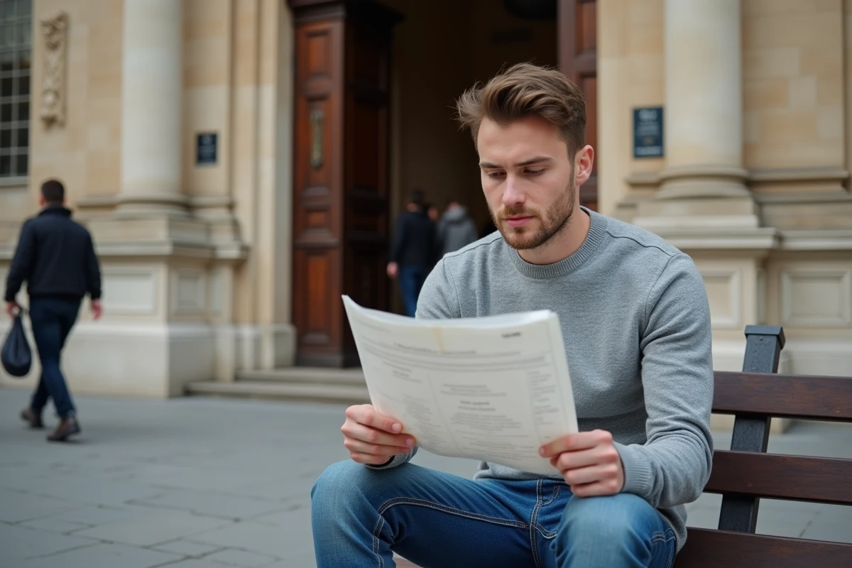 Jeune homme tenant son attestation France Travail devant un musée