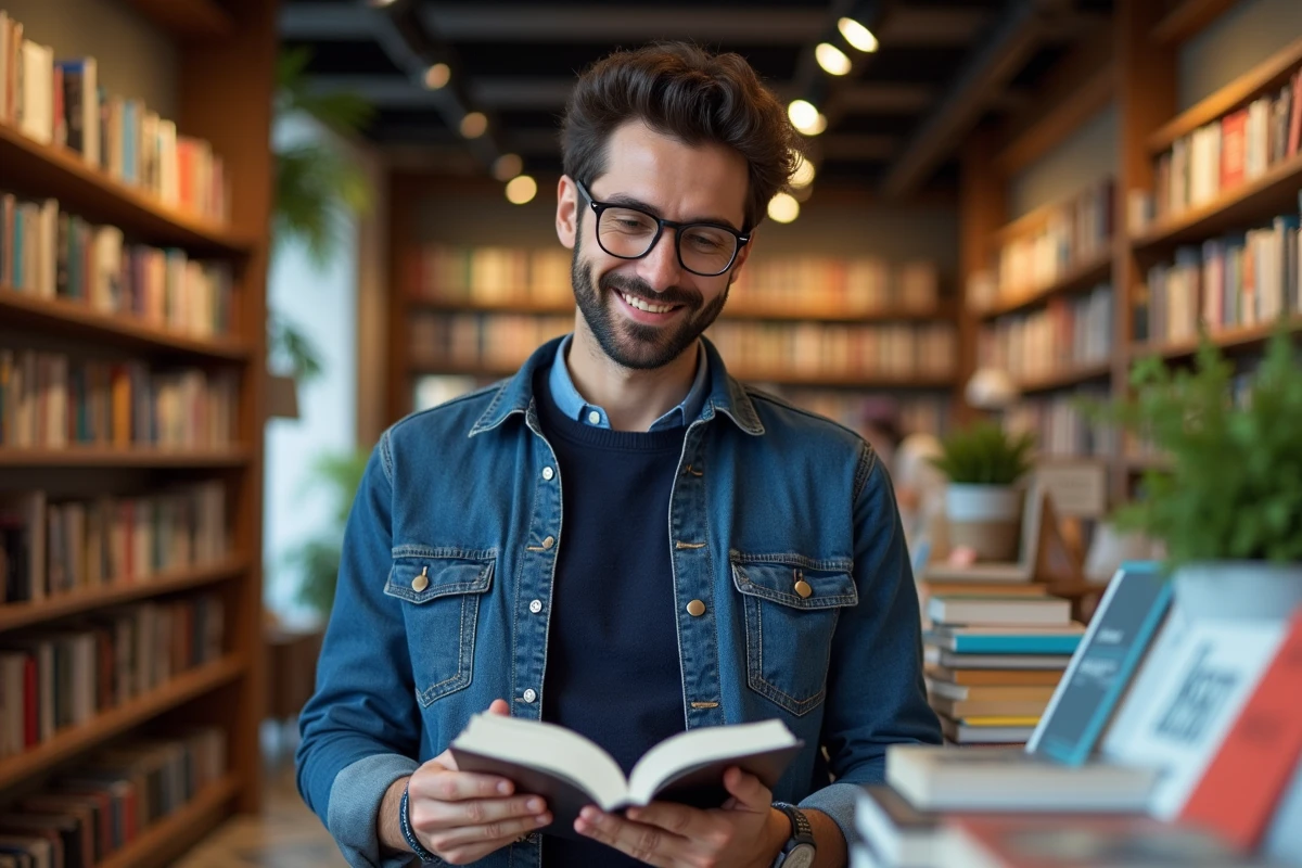 Jeune homme en denim dans une librairie chaleureuse