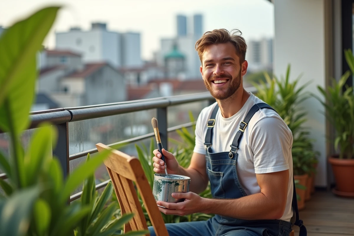 Jeune homme peint une chaise en bois sur un balcon vert
