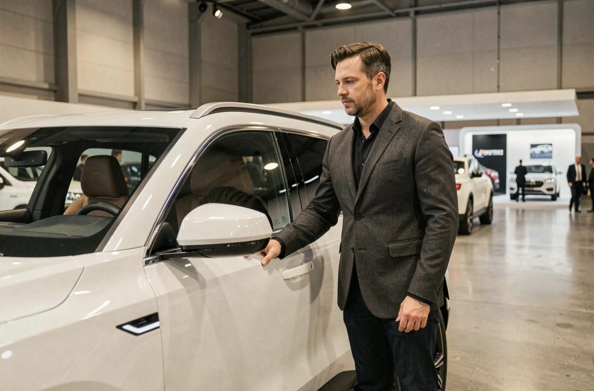 Journaliste automobile examinant un SUV concept blanc lors d'un salon automobile 2024 avec sol en béton poli