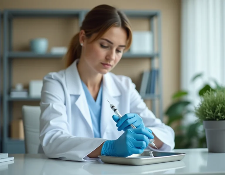 Médecin préparant un stylo injecteur pour traitement de perte de poids en cabinet médical