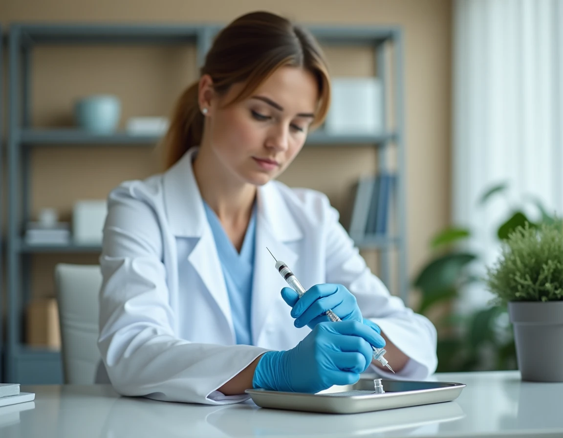 Médecin préparant un stylo injecteur pour traitement de perte de poids en cabinet médical