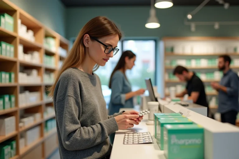 Femme examinant une boîte de médicaments en vente libre dans une pharmacie moderne