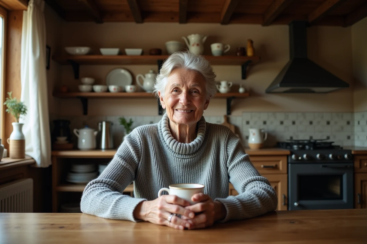 Femme d'origine tyrolienne assise dans une cuisine paysanne alpine traditionnelle, évoquant les racines familiales des parents de Jannik Sinner