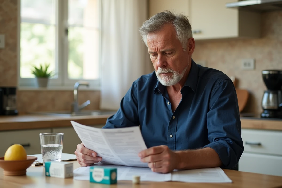 Homme lisant attentivement la notice d'un médicament en vente libre à la maison