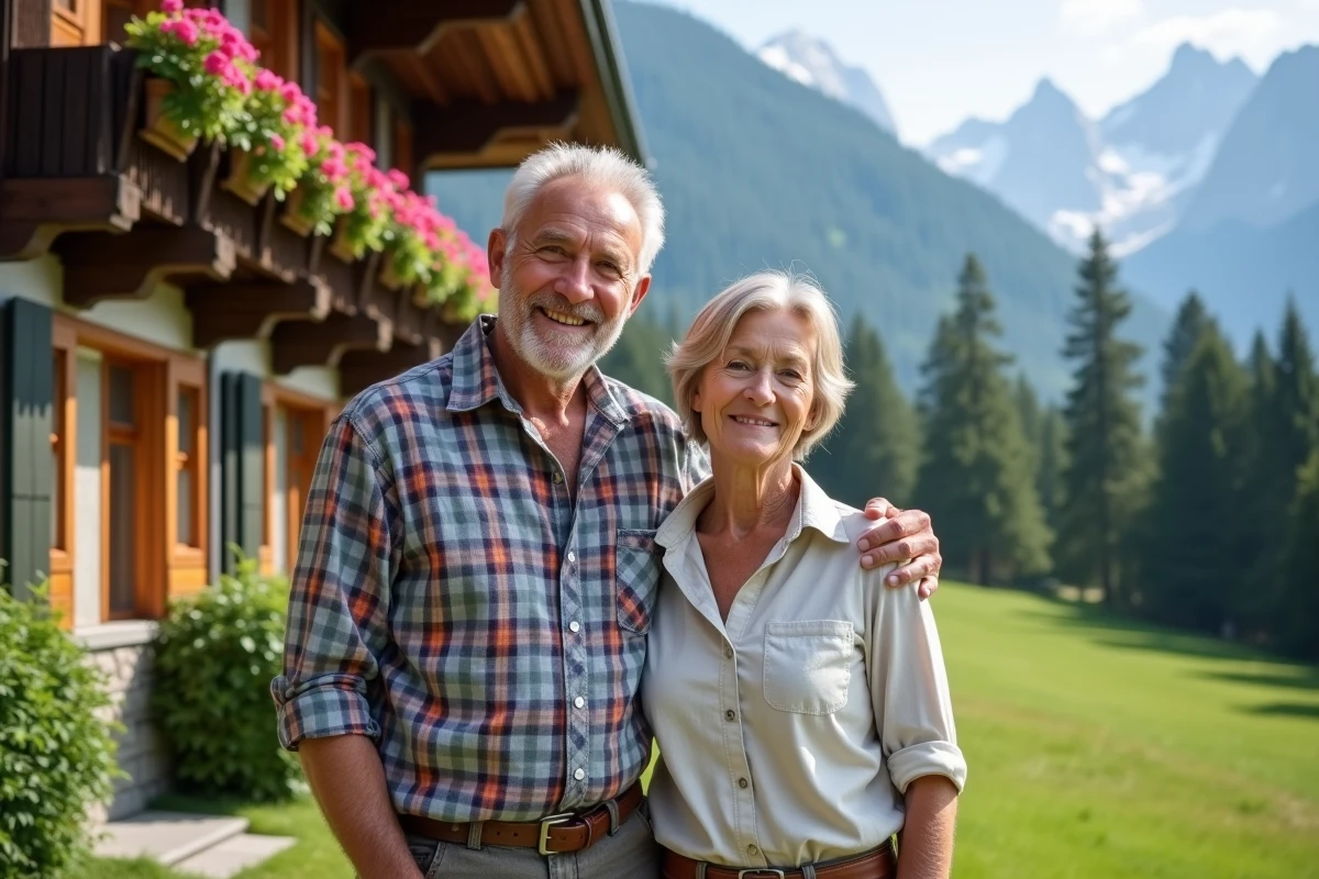 Couple de parents originaires du Tyrol du Sud devant un chalet alpin traditionnel, illustrant les origines familiales de Jannik Sinner