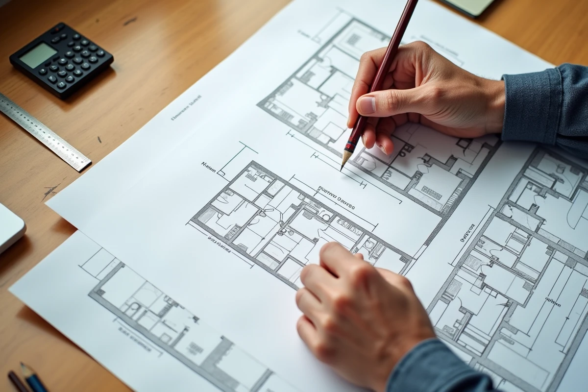 Plans architecturaux annotés avec dimensions d'ascenseur et gabarit de sommier posés sur un bureau en bois