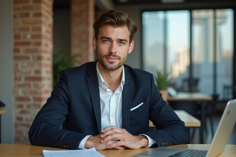 Portrait d'Aaron Nouchy, jeune personnalité publique connue en 2025, assis dans un espace de co-working moderne avec un blazer marine