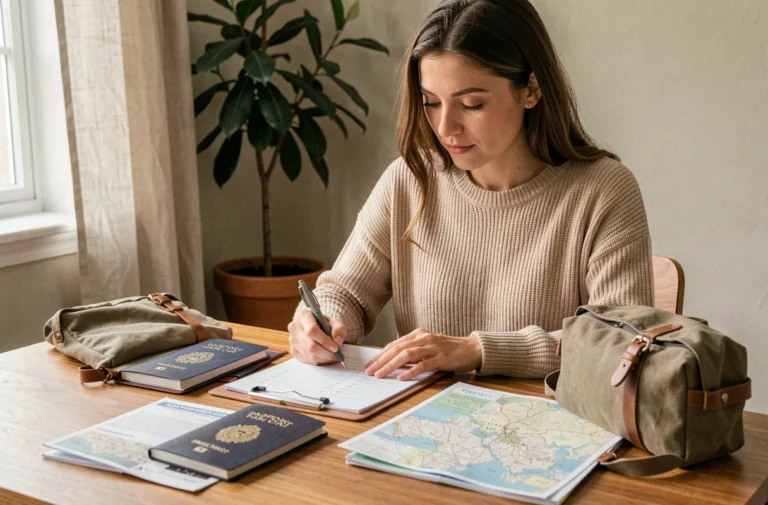 Femme préparant ses bagages et sa liste de voyage à son bureau à domicile