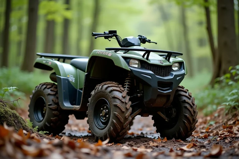Quad Hytrack garé sur un sentier forestier boueux avec pneus tout-terrain et carrosserie robuste