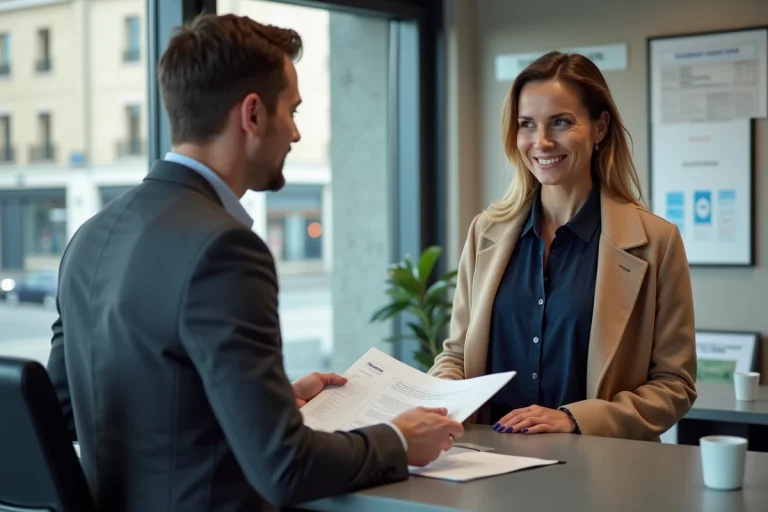 Femme recevant un certificat France Travail dans un bureau public