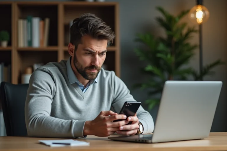 Homme consultant son smartphone pour résilier son abonnement Freebox depuis son bureau à domicile