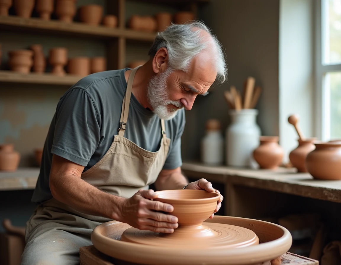 Homme retraité pratiquant la poterie dans un atelier artisanal, s'épanouissant grâce à une activité créative à la retraite