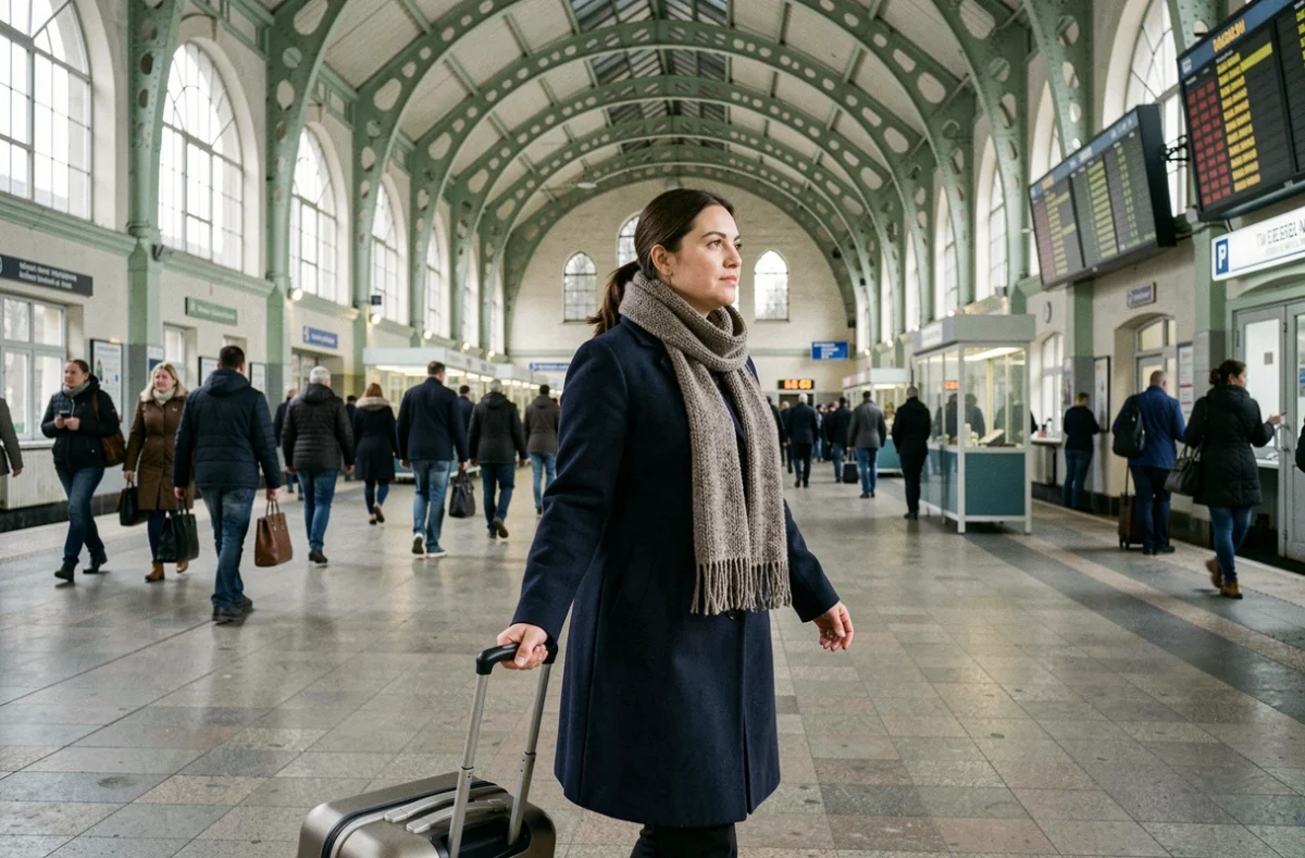 Femme ukrainienne tirant une valise sur le quai d'une grande gare ferroviaire à Kiev, architecture soviétique en arrière-plan