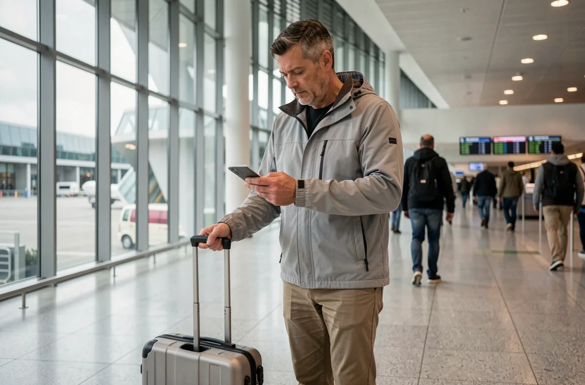 Voyageur consultant son billet d'embarquement dans un terminal d'aéroport moderne